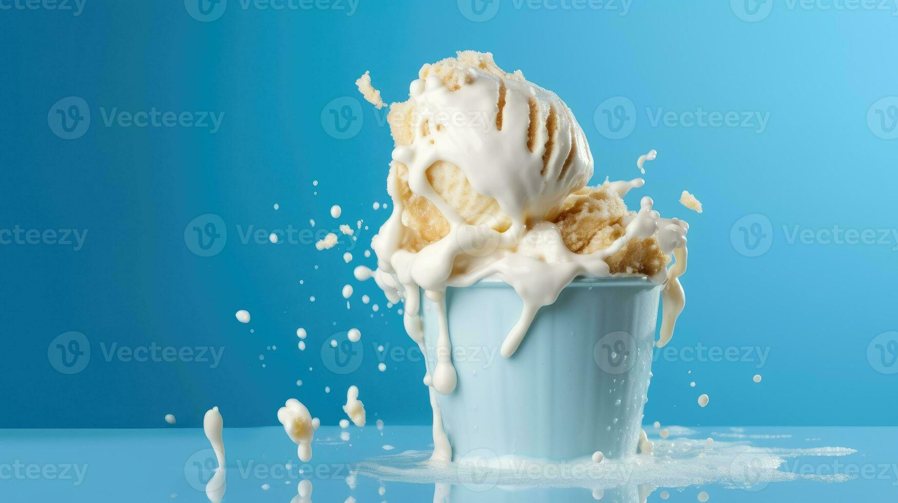 Melting ice cream isolated on soft blue background. Studio shoot closeup product photography design concept.  AI Generated photo