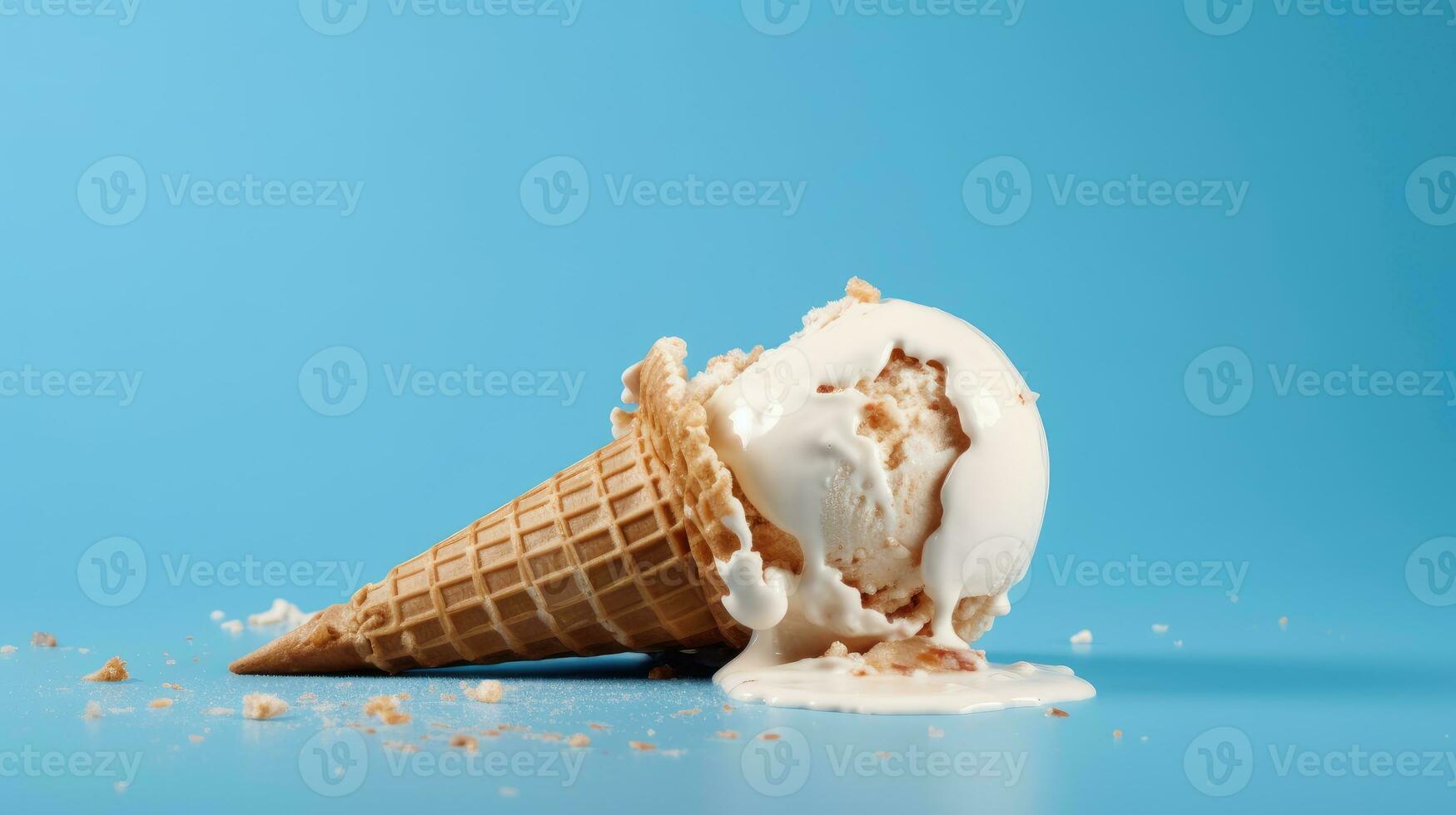 Melting waffle cone ice cream isolated on blue background. AI Generated photo