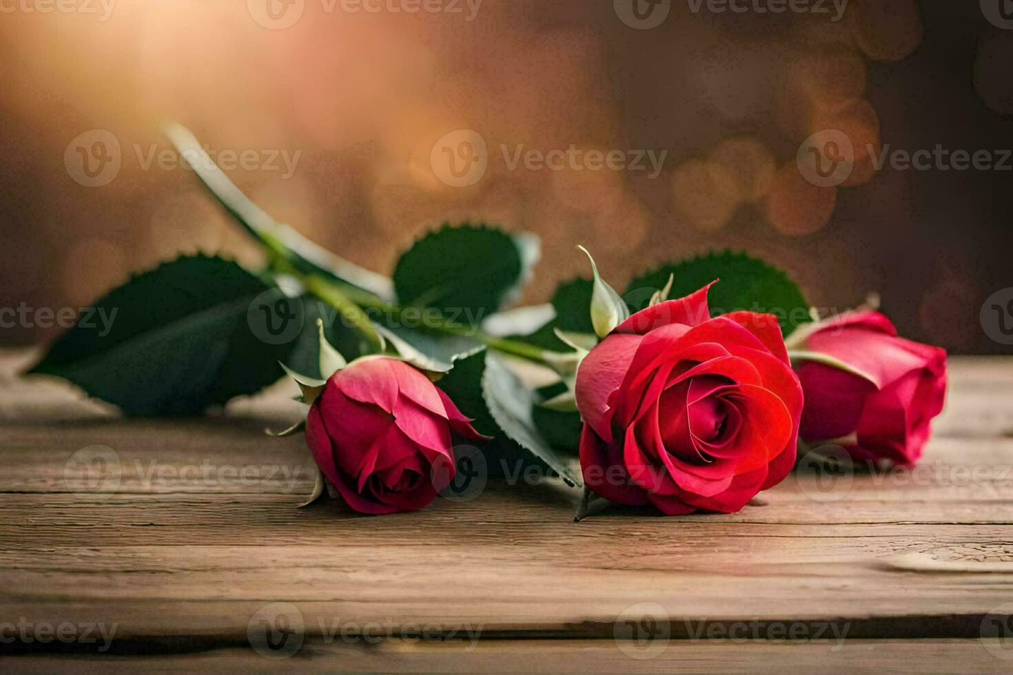 two red roses on a wooden table with a bokeh background. AI-Generated photo