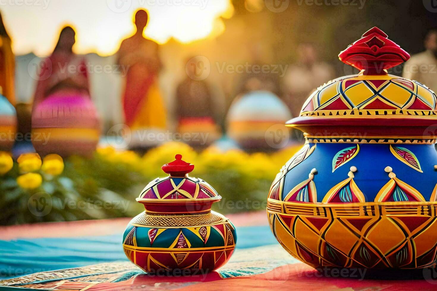 colorful pots and vases on a red carpet. AI-Generated photo