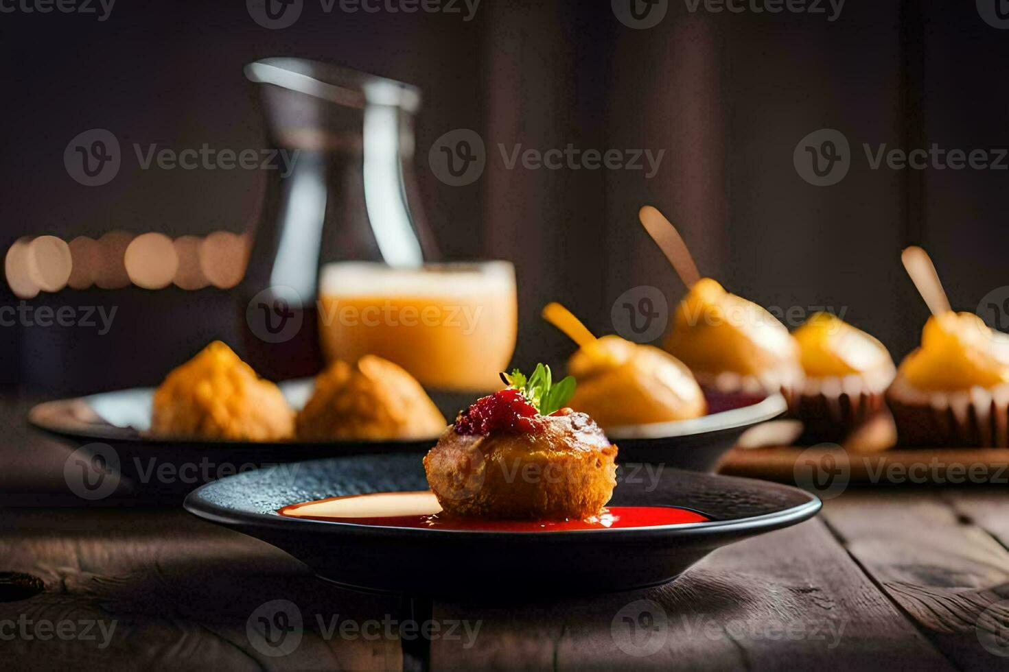 un plato de comida con Fruta y jugo en un de madera mesa. generado por ai foto