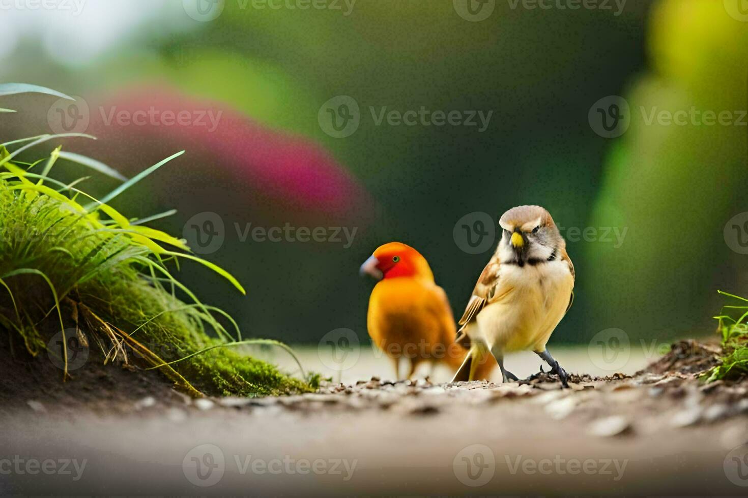 two birds standing on a path in the grass. AI-Generated photo