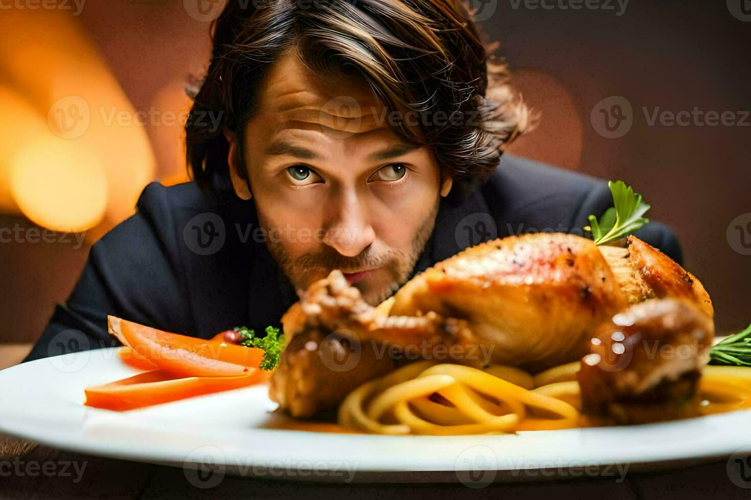 un hombre es mirando a un plato de alimento. generado por ai foto