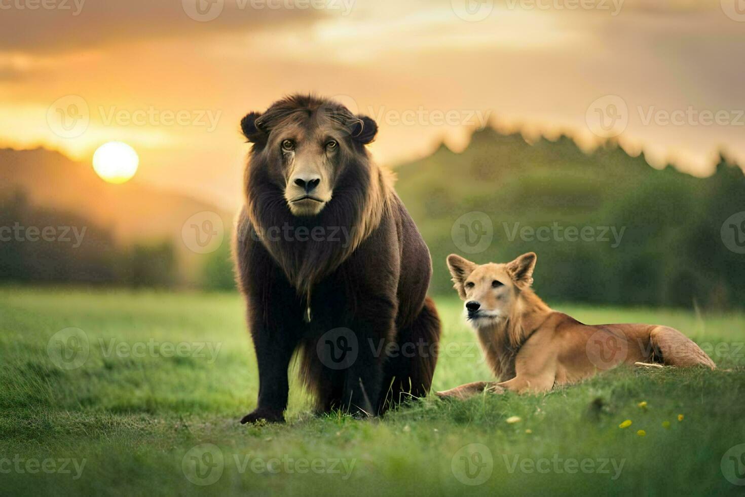 un león y un perro son sentado en el césped. generado por ai foto