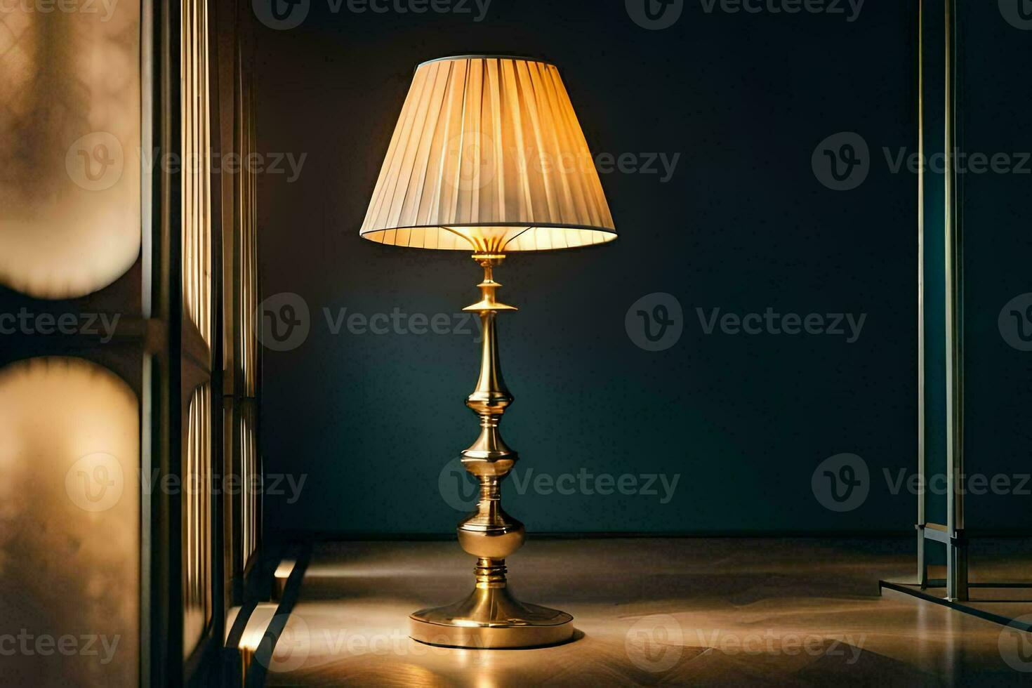 a lamp with a gold base and a white shade. AI-Generated photo
