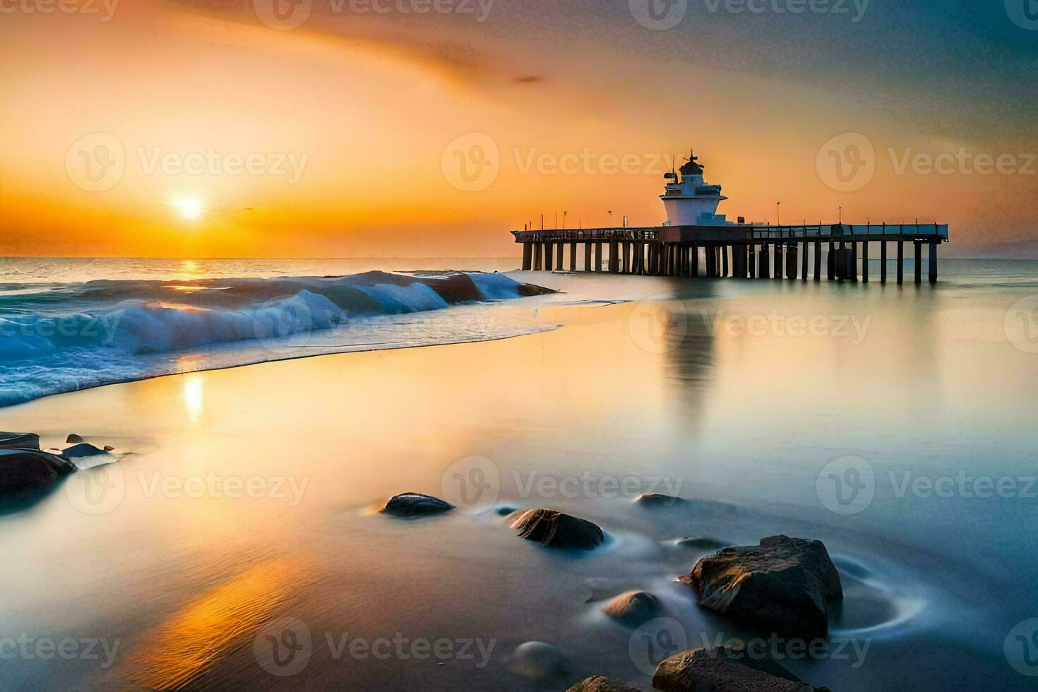 un faro soportes en el apuntalar de un playa a puesta de sol. generado por ai foto