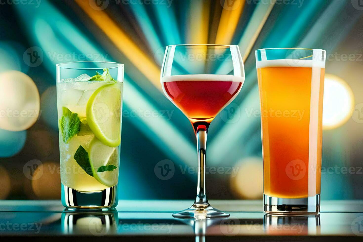 three different types of drinks are shown on a table. AI-Generated photo