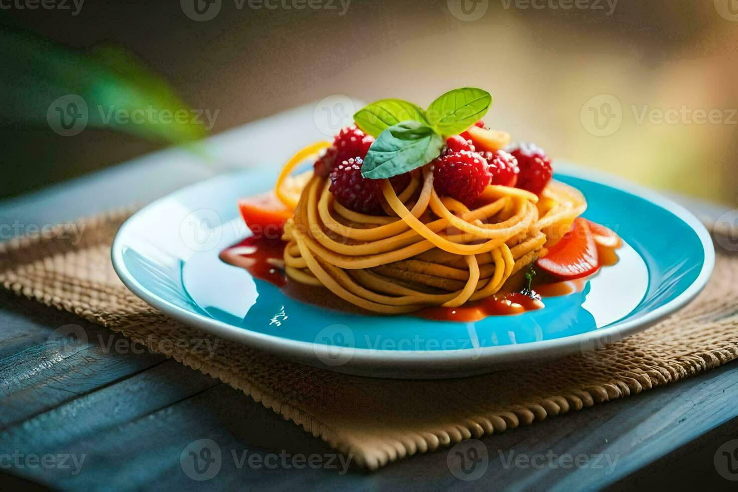 spaghetti with raspberries and tomato sauce on a blue plate. AI-Generated photo