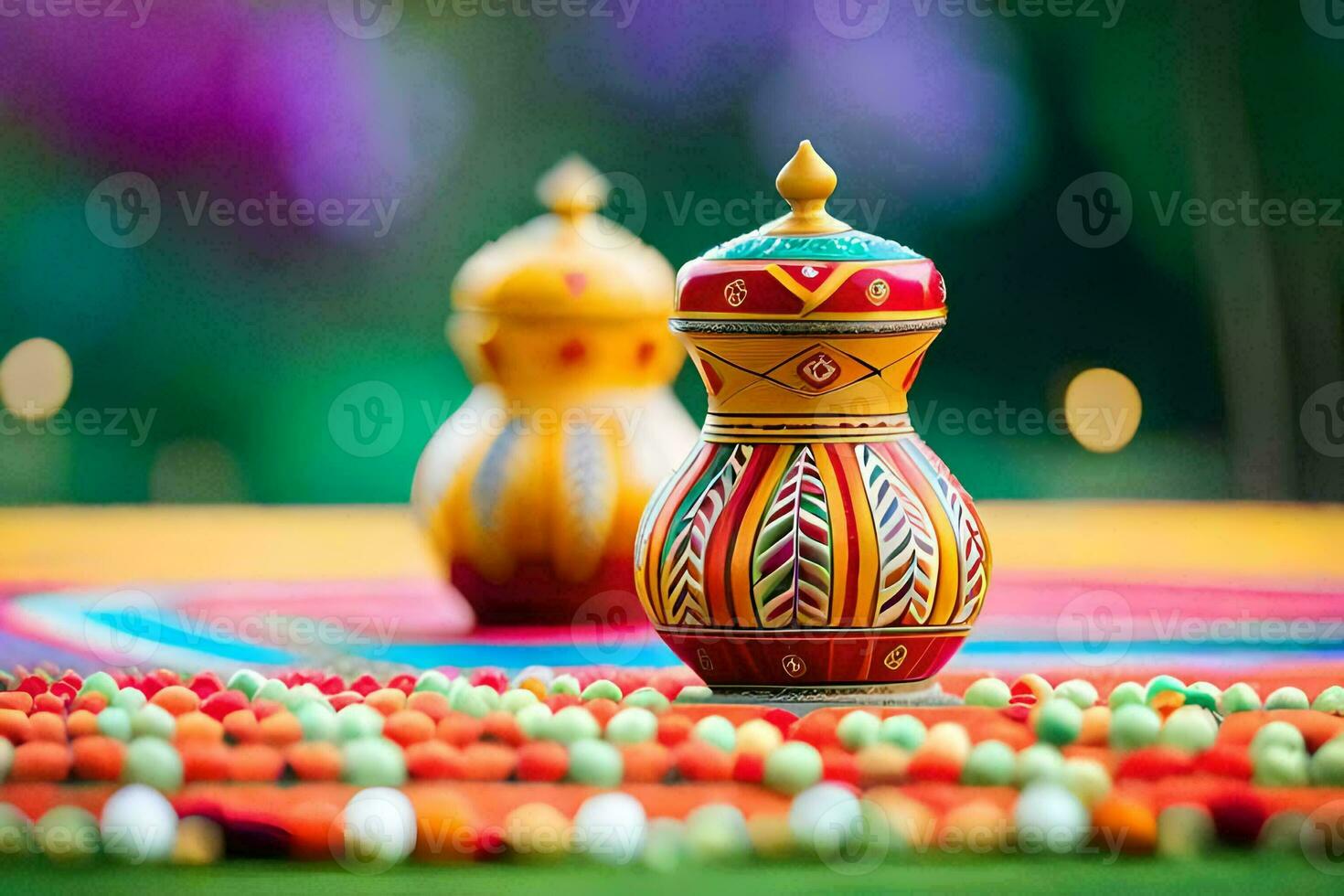 colorful vases on a colorful tablecloth. AI-Generated photo