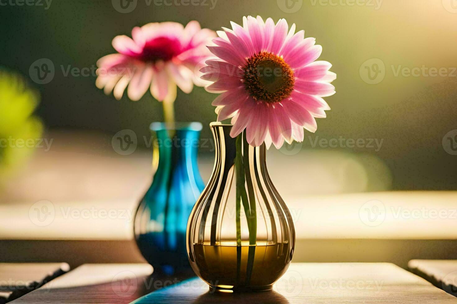 two pink flowers in vases on a table. AI-Generated photo