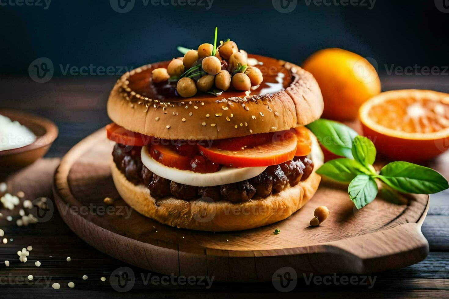a hamburger with tomatoes, cheese and olives on a wooden board. AI-Generated photo