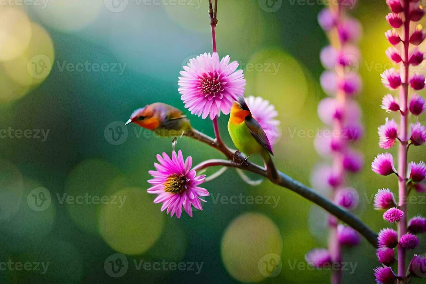 two birds perched on a branch with pink flowers. AI-Generated photo