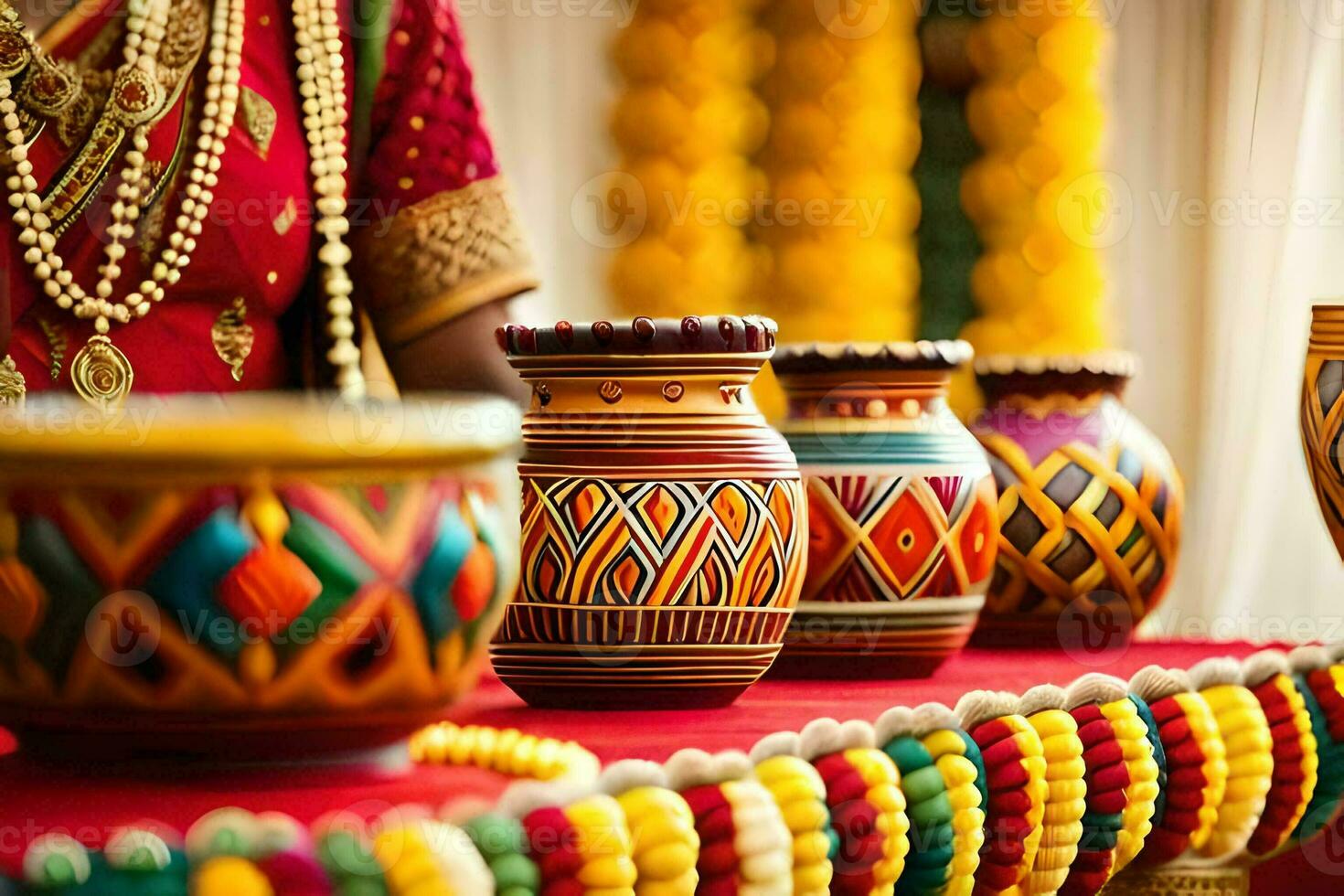 a woman in traditional indian dress is holding a pot. AI-Generated photo