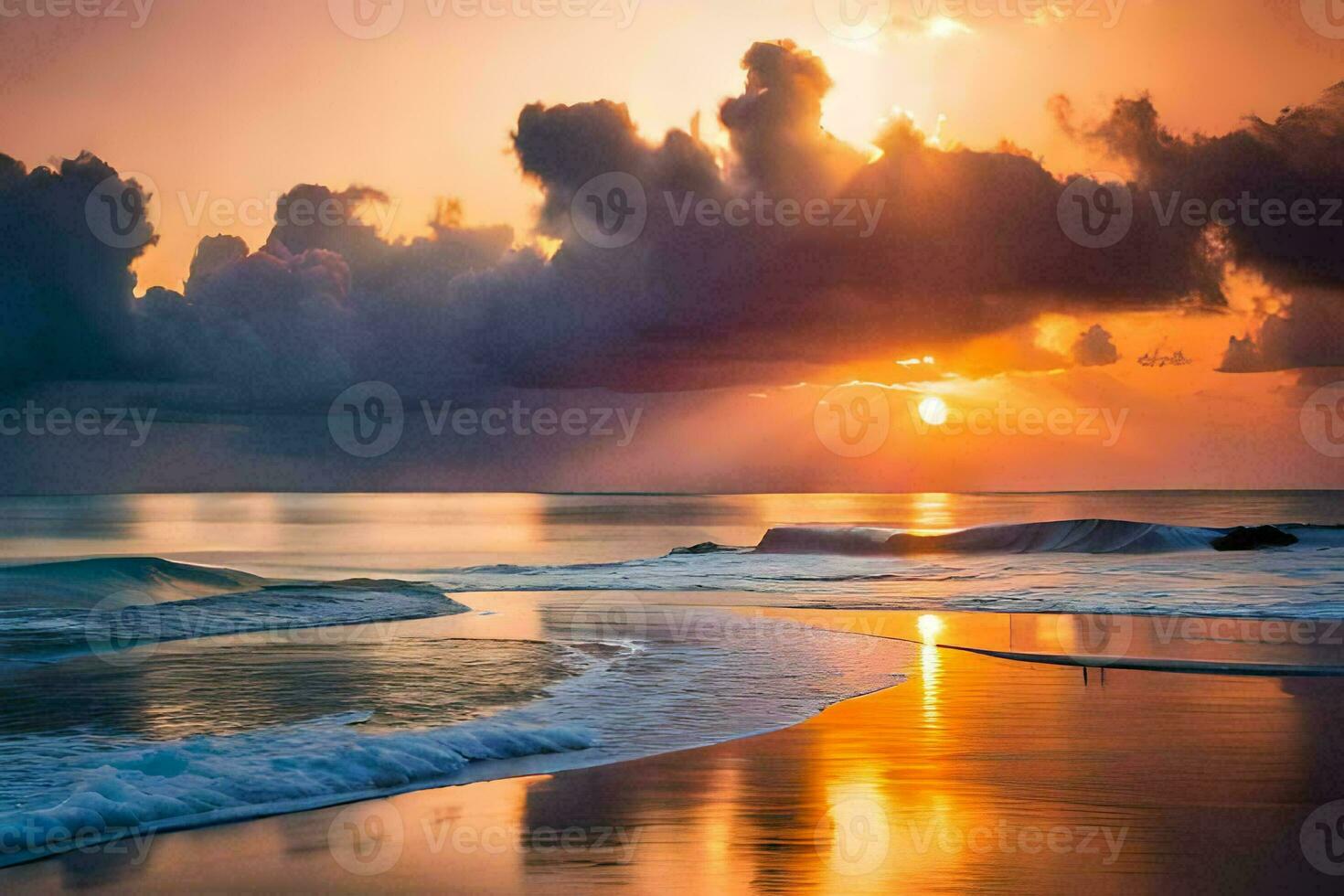 the sun sets over the ocean and waves. AI-Generated photo