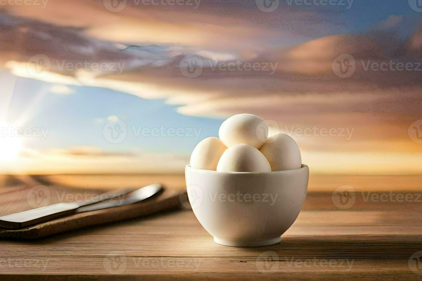 eggs in a cup on a table with a sunset in the background. AI-Generated photo