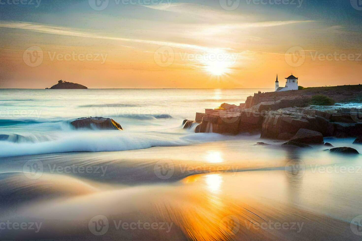 a lighthouse is seen in the distance at sunset. AI-Generated photo