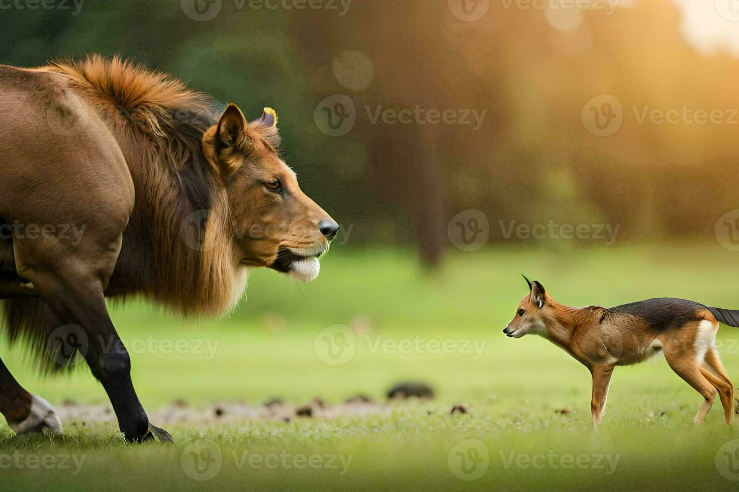 un león y un pequeño perro son en pie en el césped. generado por ai foto