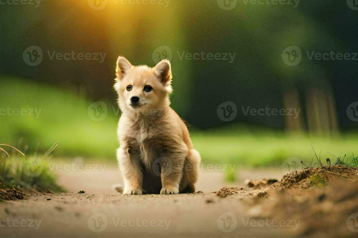 a puppy sitting on the road in the sun. AI-Generated photo