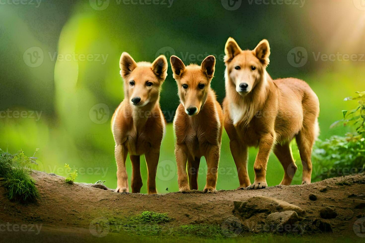 three dogs standing on a dirt path. AI-Generated photo