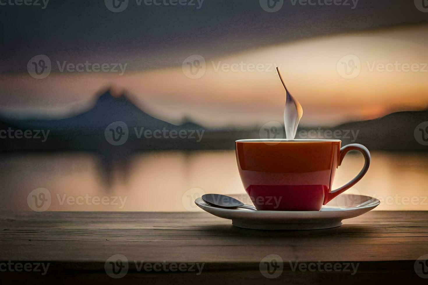 a cup of coffee on a wooden table with a view of the lake. AI-Generated photo