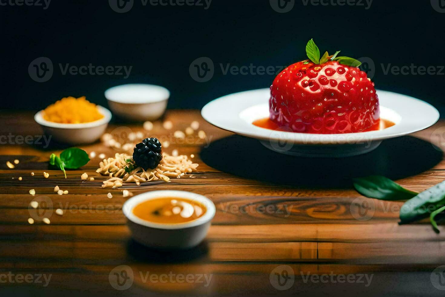 a strawberry dessert with a spoon and a bowl of sauce. AI-Generated photo