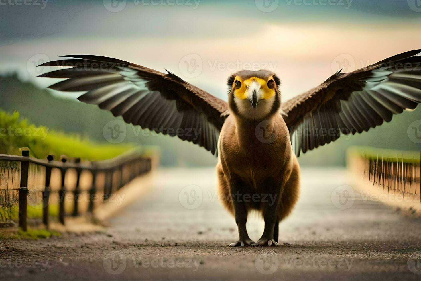 a bird with wings spread out on the road. AI-Generated photo