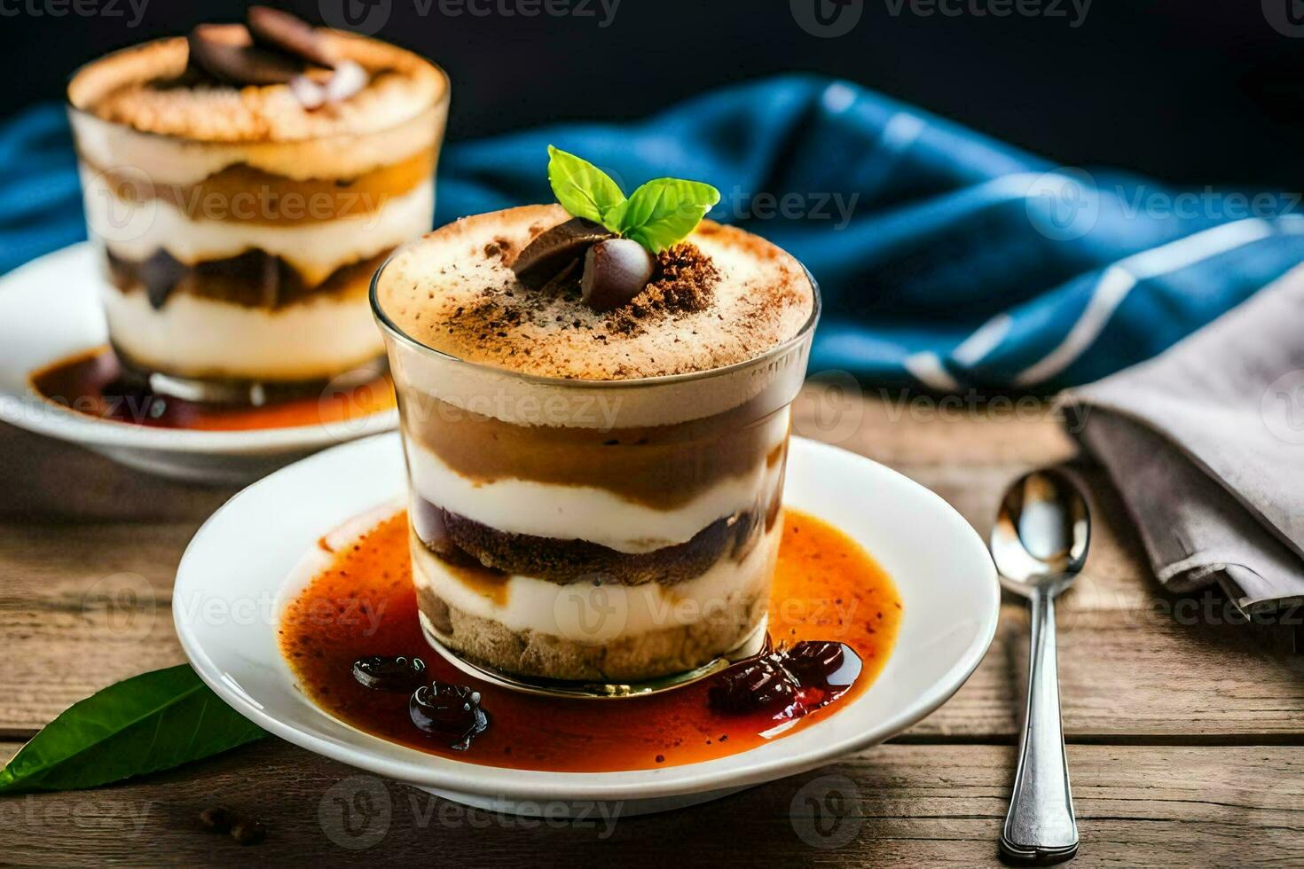 two desserts on a wooden table. AI-Generated photo