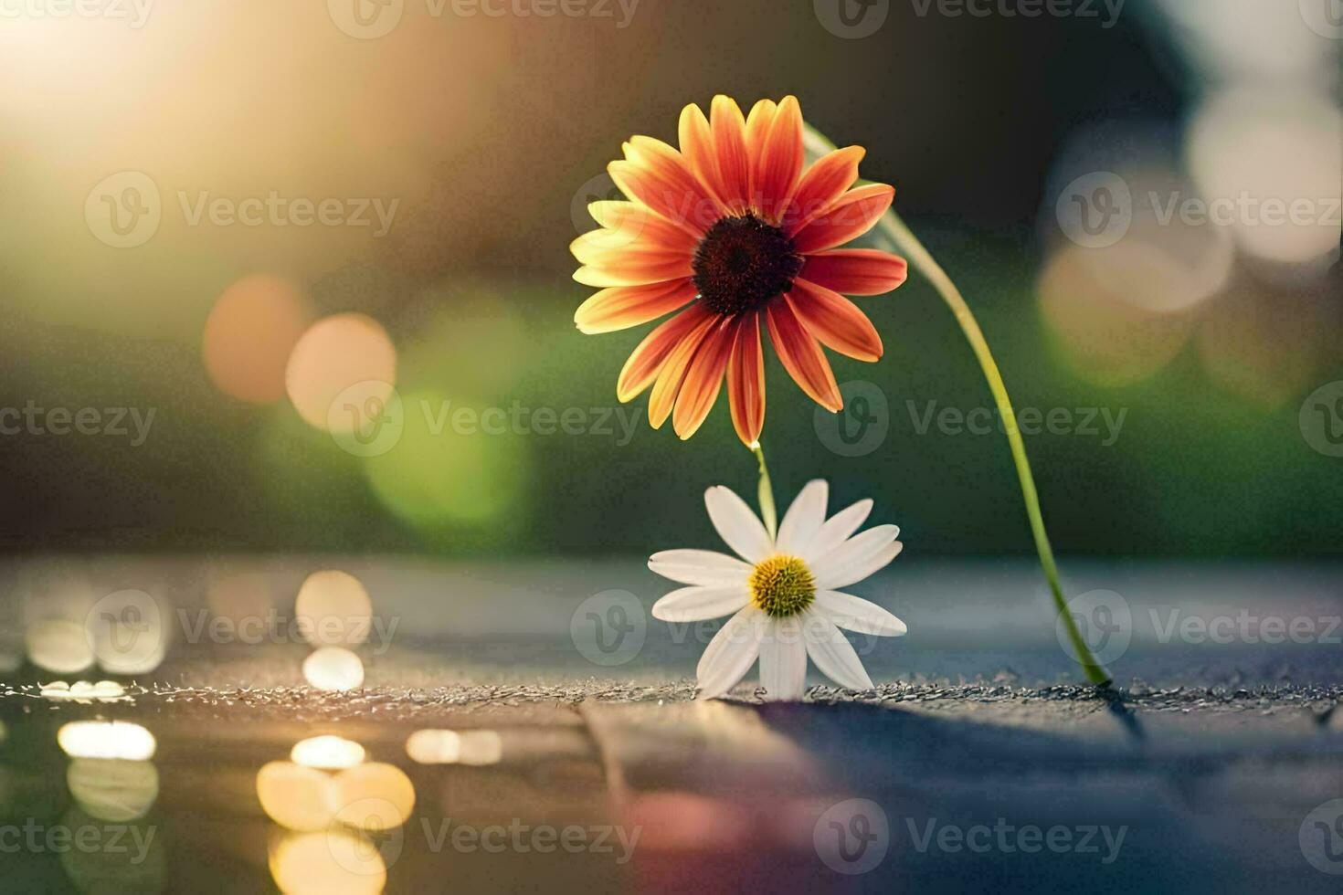 two flowers are standing on the ground with a sun shining. AI-Generated photo