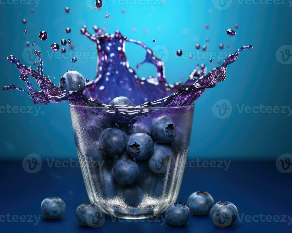 Blueberry falling in a glass of juice. Sweet juice splashes. Fruit drinks advertising product concept. Isolated on blue studio background. AI Generated photo