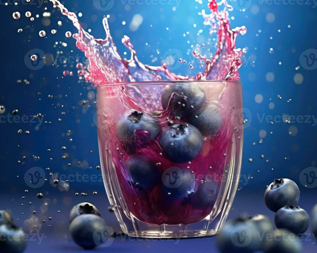 Blueberry falling in a glass of juice. Sweet juice splashes. Fruit drinks advertising product concept. Isolated on blue studio background. AI Generated photo