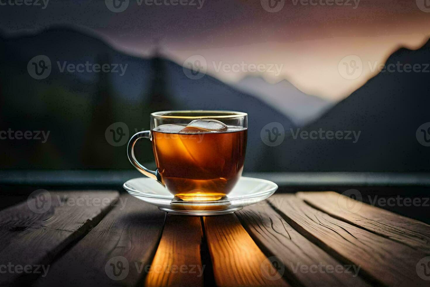 un taza de té en un de madera mesa en el montañas. generado por ai foto