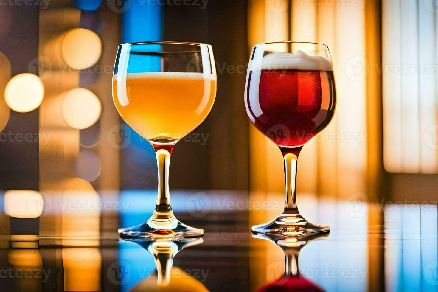 two glasses of beer on a table with a blurry background. AI-Generated photo