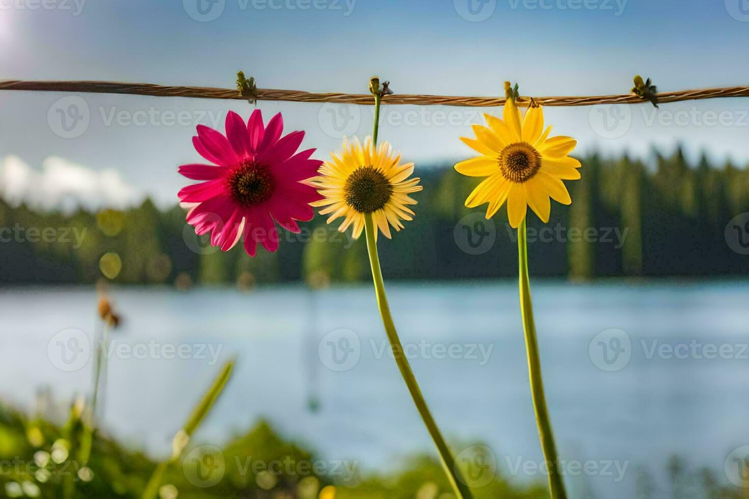 three flowers hanging from a wire near a lake. AI-Generated photo