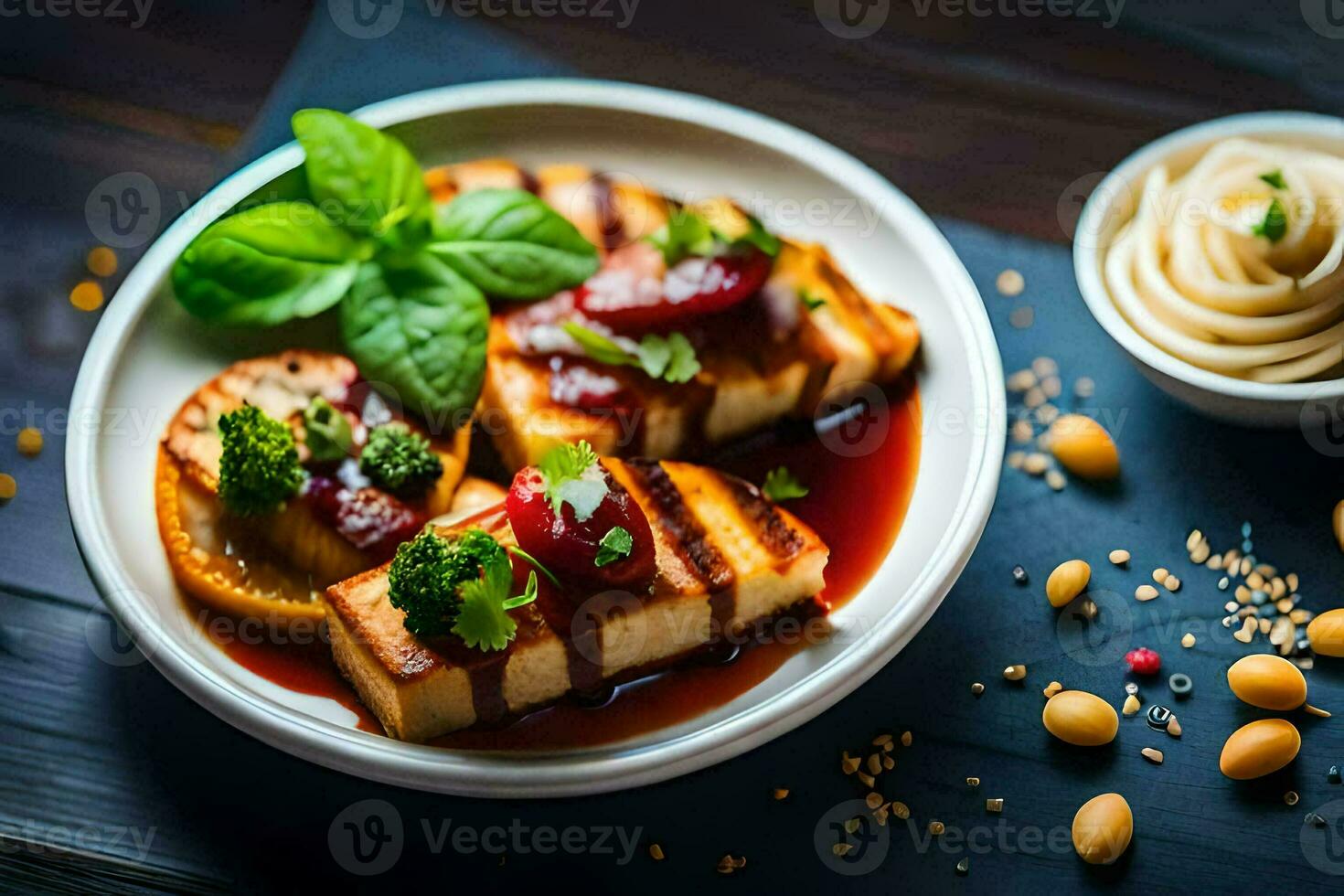 a plate of tofu with sauce and vegetables. AI-Generated photo