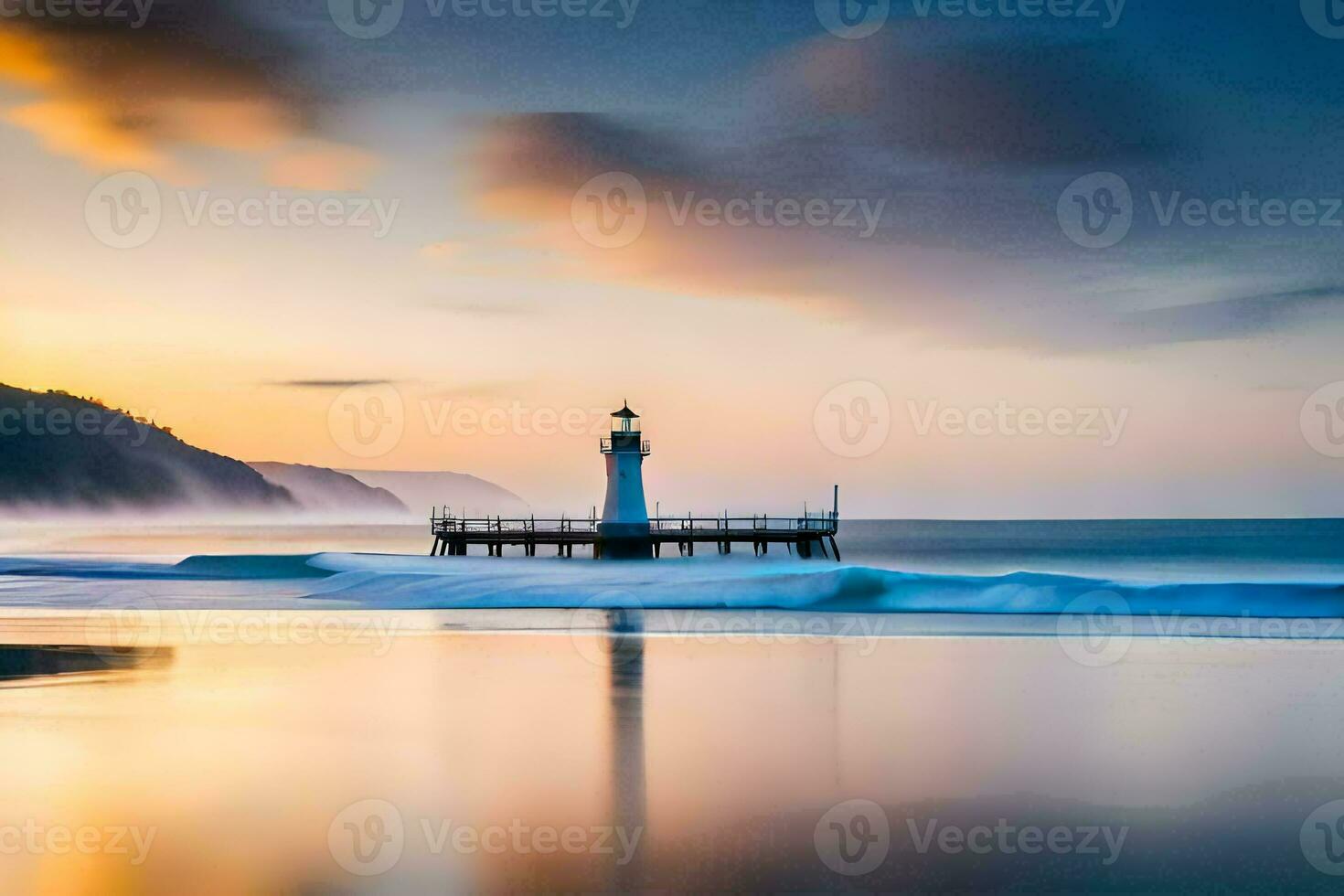 a lighthouse stands on the beach at sunset. AI-Generated photo