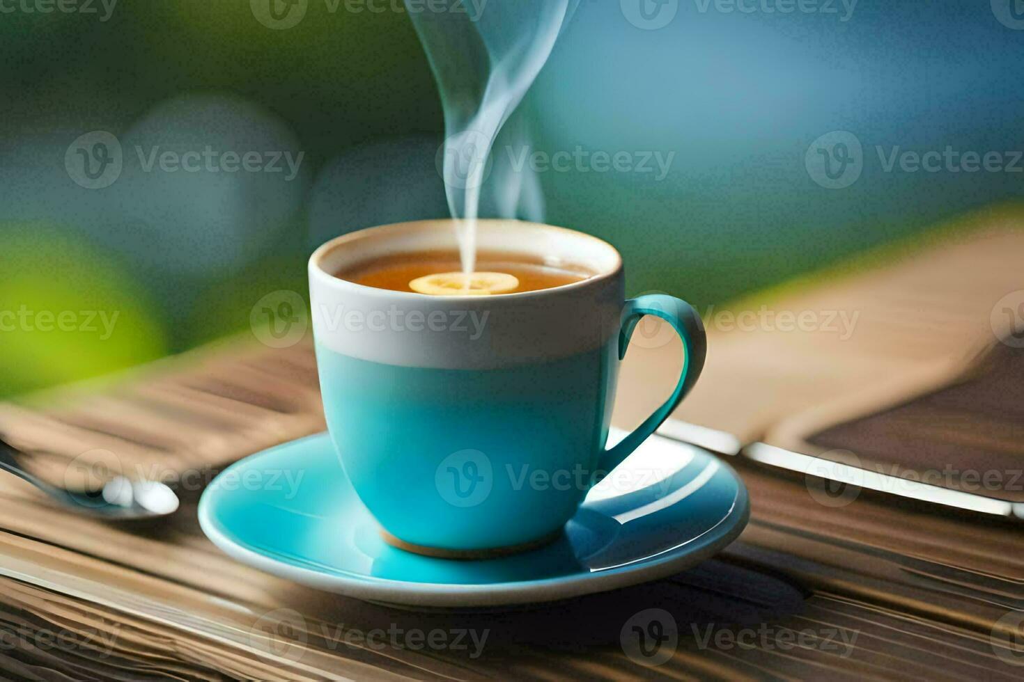 a cup of coffee on a wooden table. AI-Generated photo