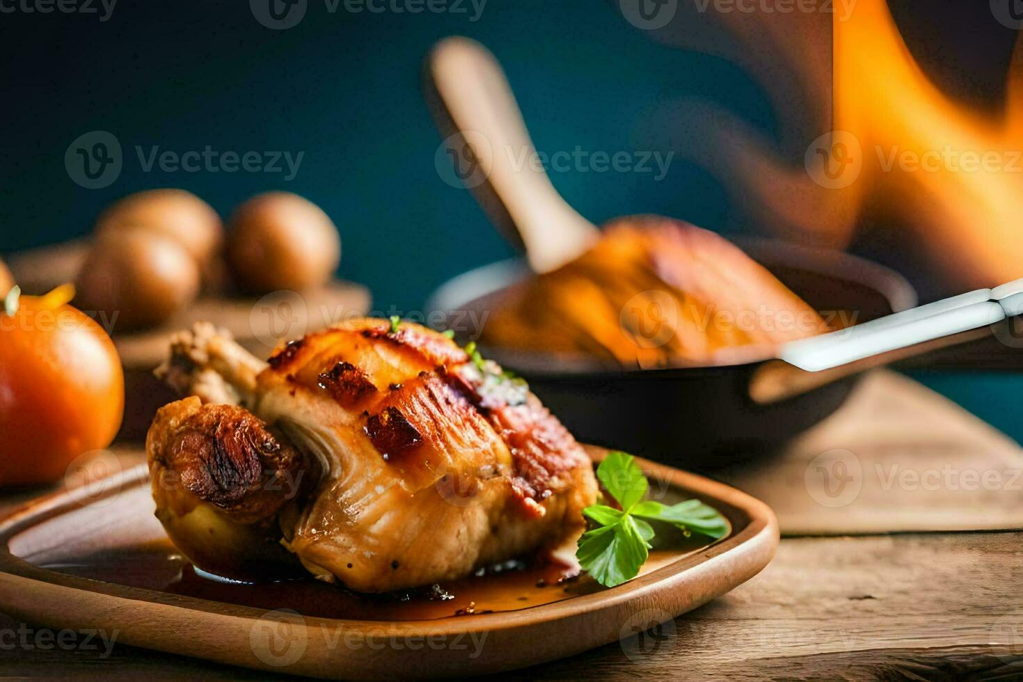 a chicken on a plate with a sauce and a pan. AI-Generated photo