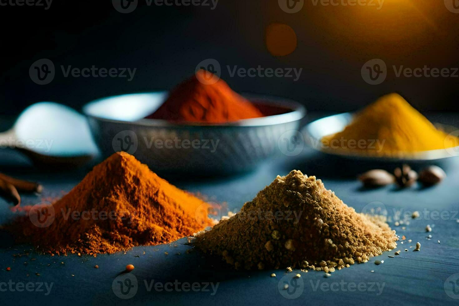 various spices and spices on a dark table. AI-Generated photo