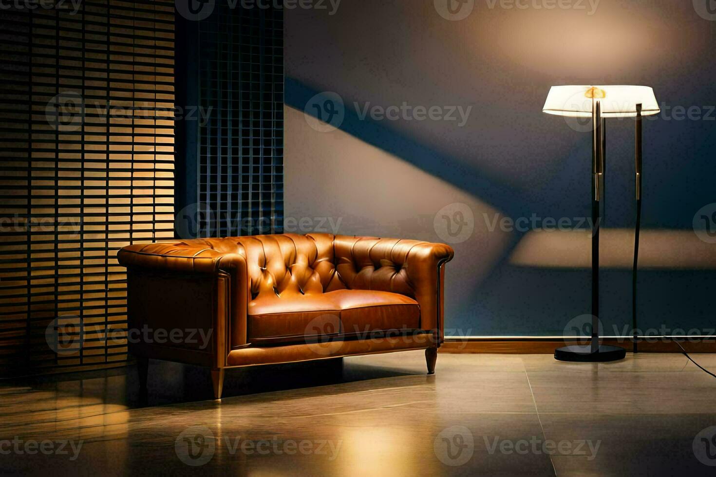 a leather couch and lamp in a room. AI-Generated photo