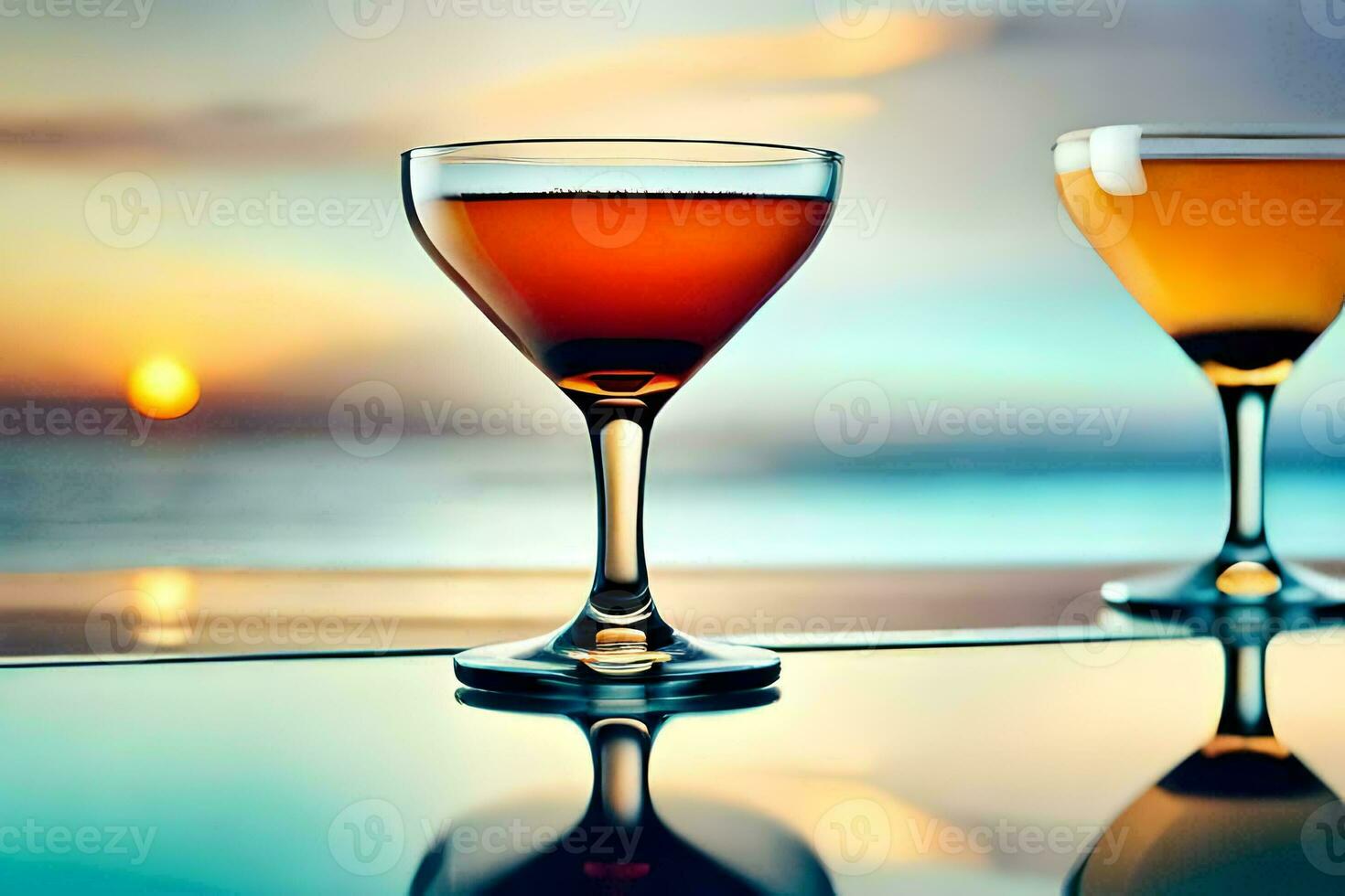 two glasses of alcohol are on a table with the sunset in the background. AI-Generated photo