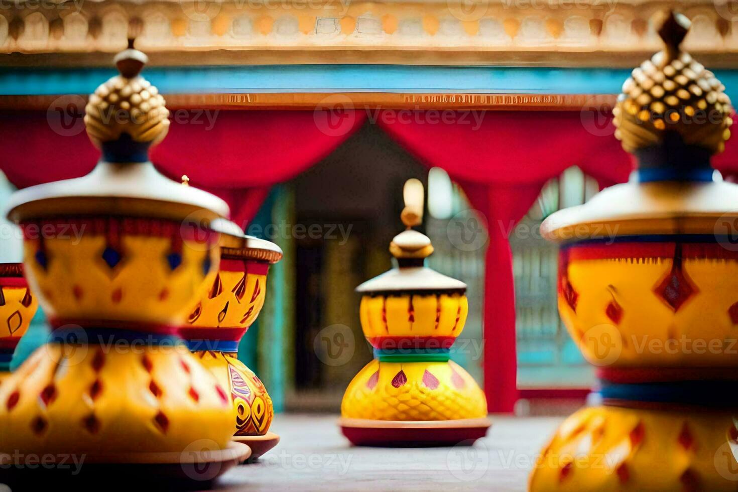 a row of colorful vases sit on a wooden floor. AI-Generated photo