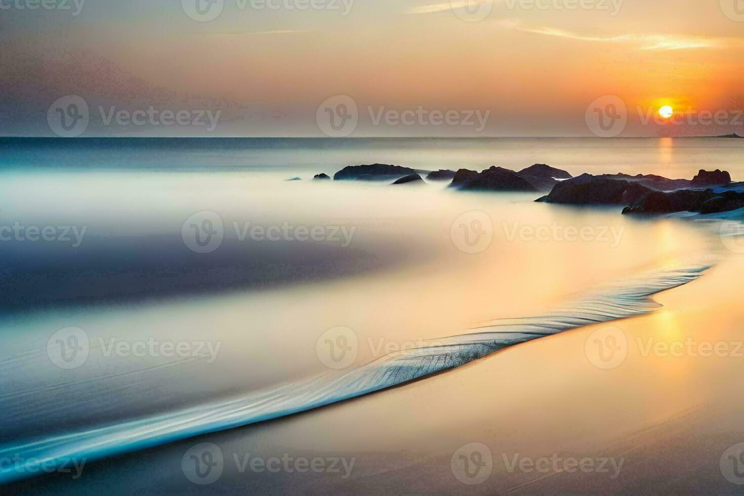 a long exposure photograph of the sun setting over the ocean. AI-Generated photo