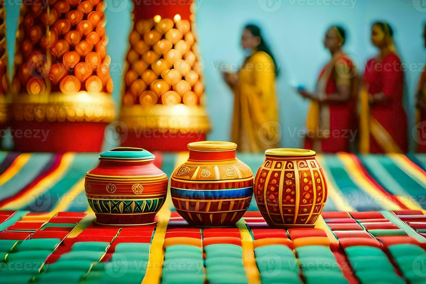 colorful pots on a table with people in the background. AI-Generated photo