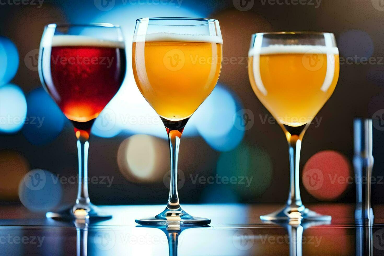 three glasses of beer on a table. AI-Generated photo