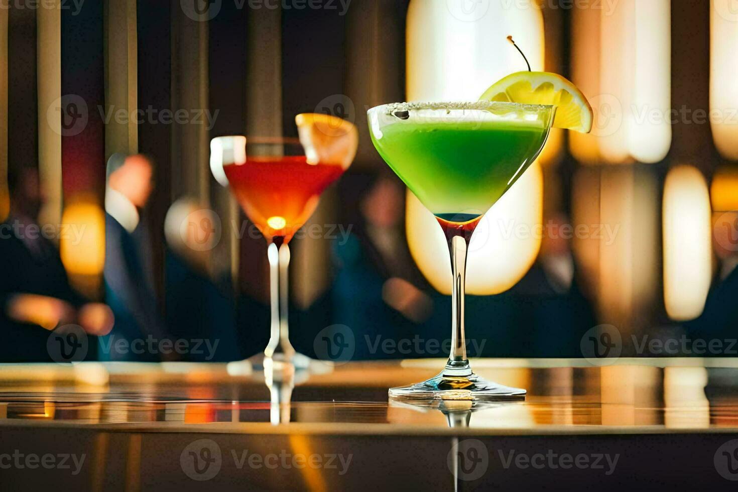 two cocktails sit on a table in front of a group of people. AI-Generated photo