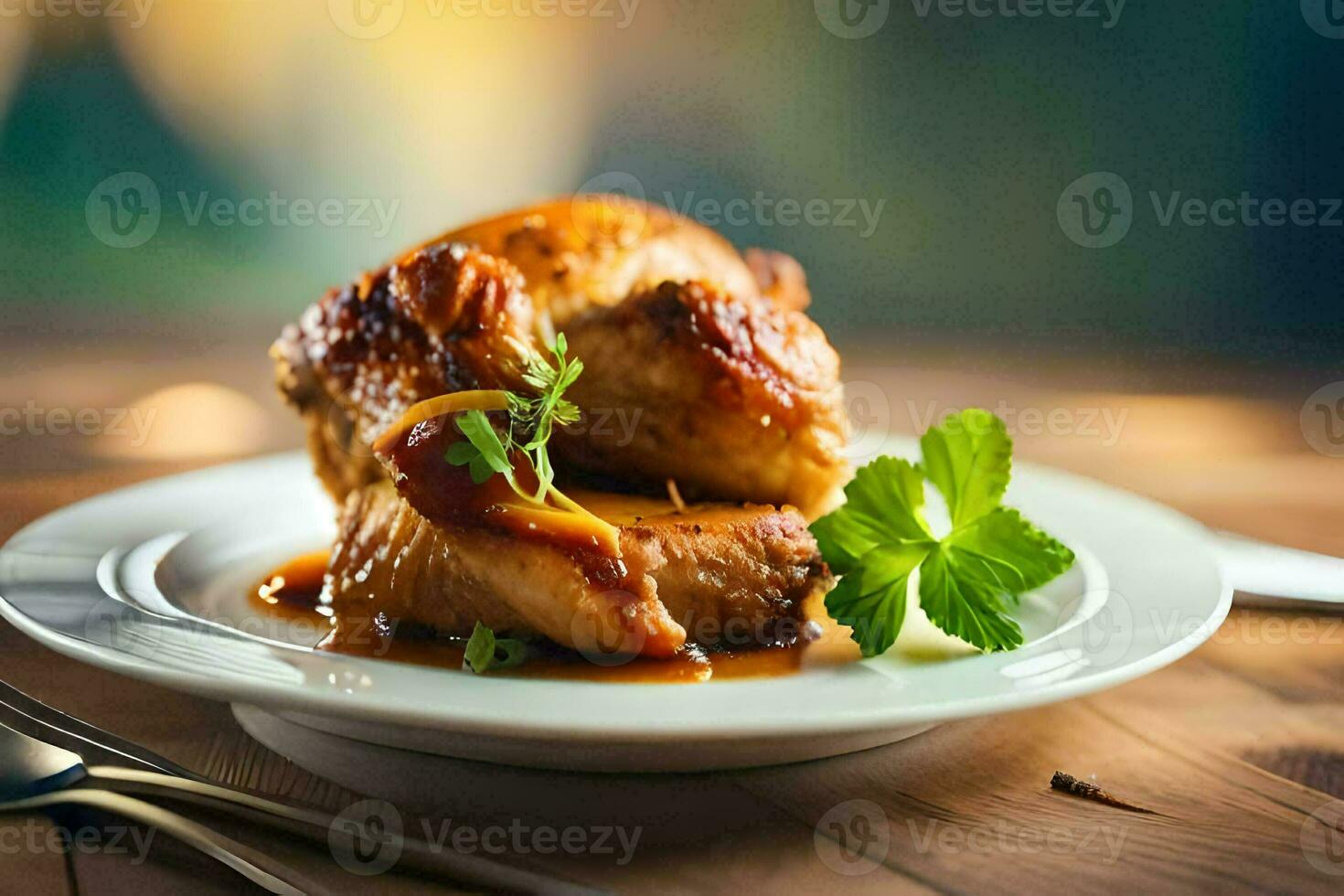 a plate with chicken and sauce on it. AI-Generated photo