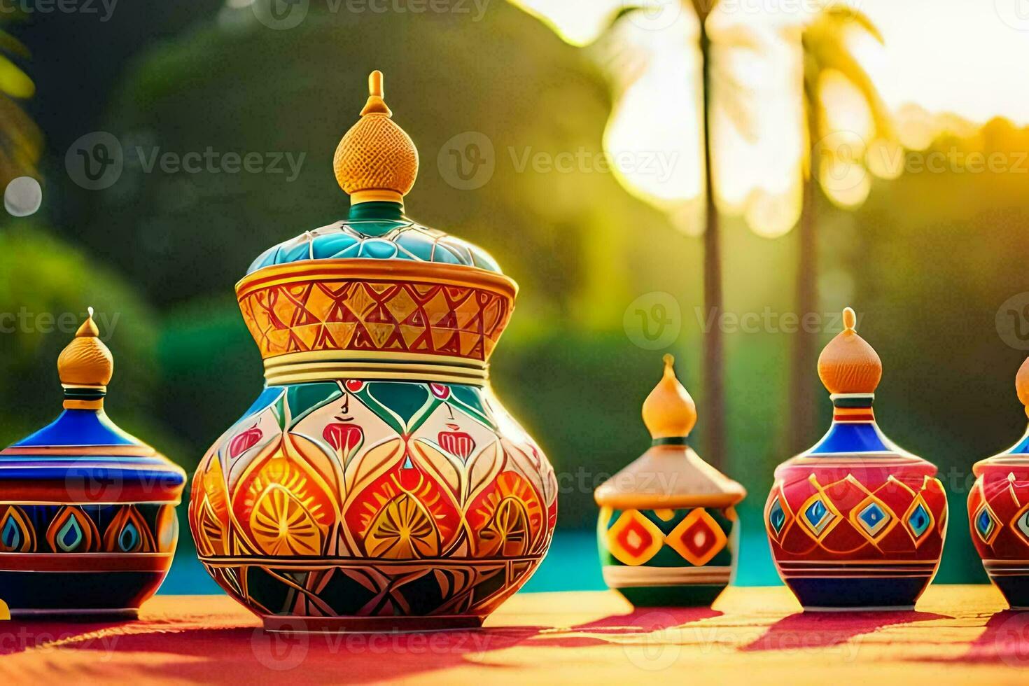 colorful vases on a red table with a sunset in the background. AI-Generated photo