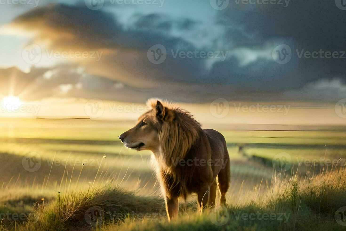 the lion is standing in the middle of a field at sunset. AI-Generated photo