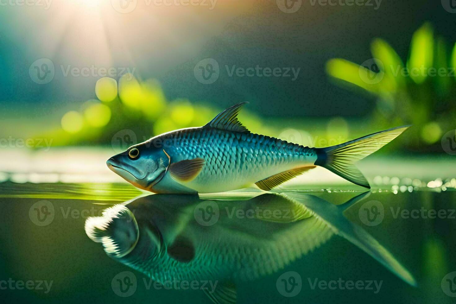 a fish is floating in the water with the sun shining. AI-Generated photo