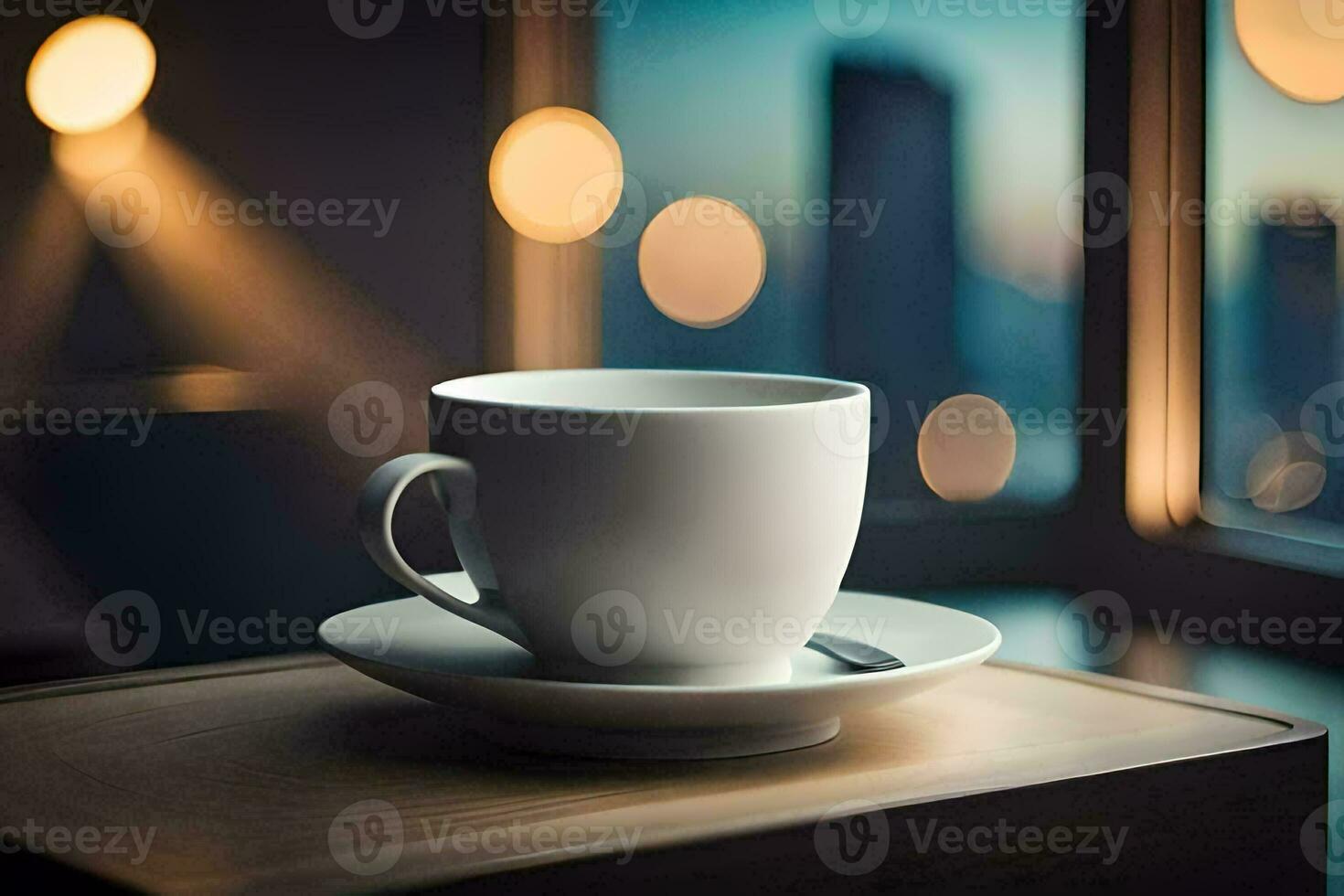 a cup of coffee on a table in front of a window. AI-Generated photo